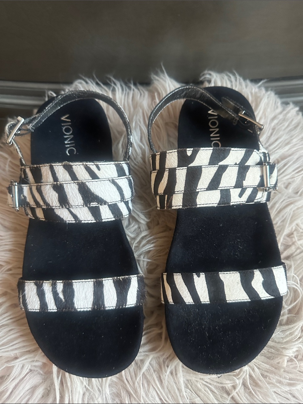 Vionic Black & White Zebra-Print Strappy Sandals